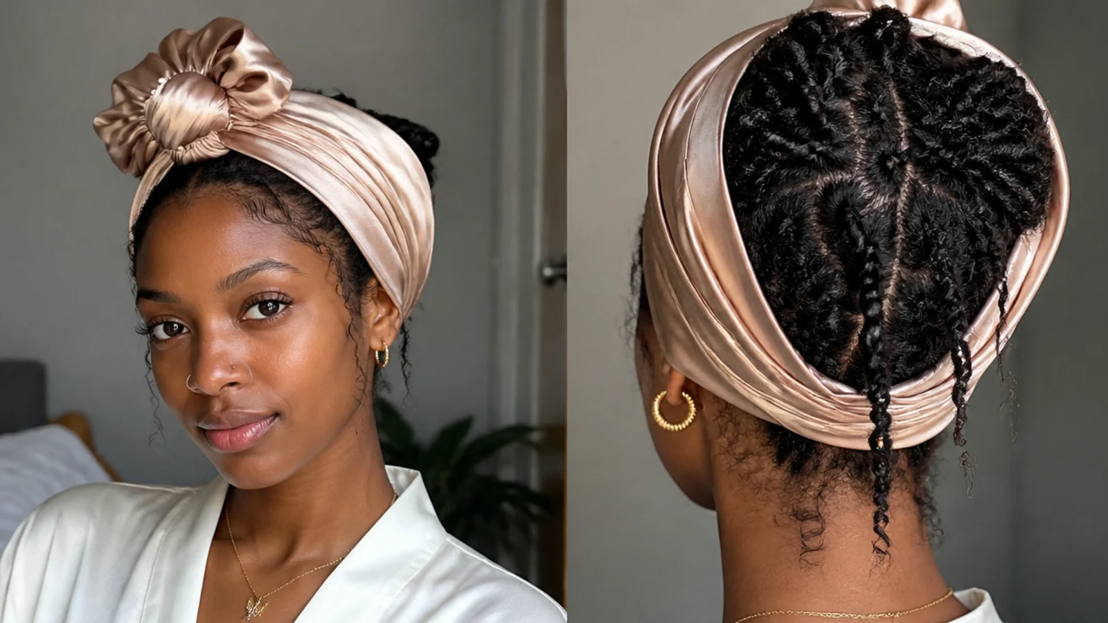 Butterfly locs wrapped in a satin scarf for the night