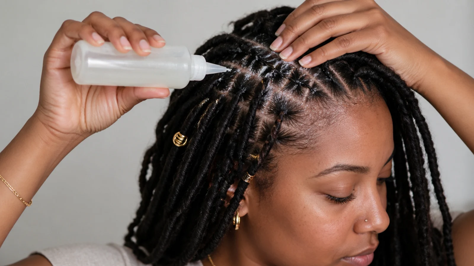 Diluted cleanser applied to the scalp between butterfly locs