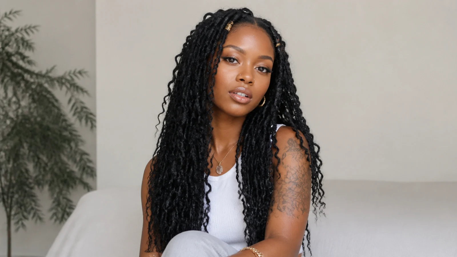 Long butterfly locs with soft curls left out at the ends