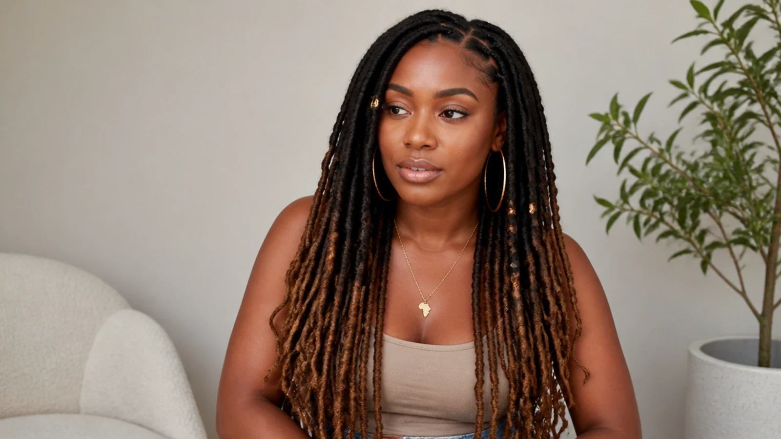 Long butterfly locs with a dark-to-caramel ombre