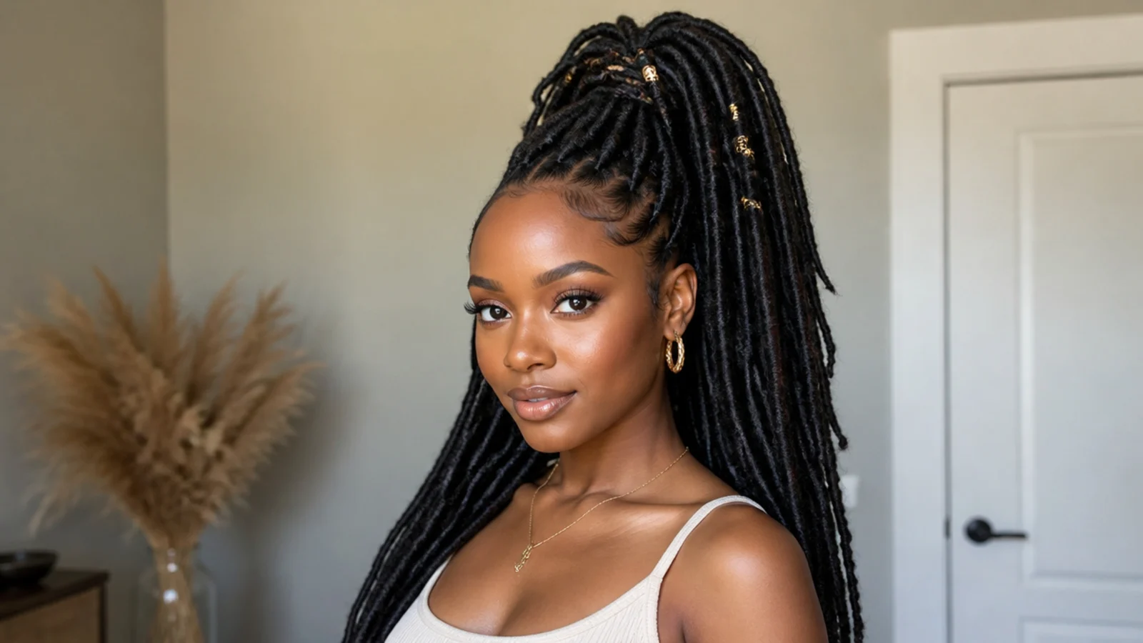 Long butterfly locs in a dramatic high ponytail