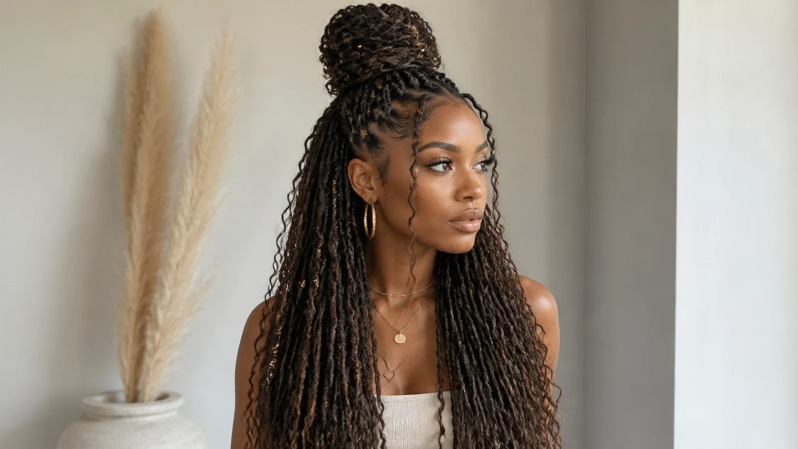 Long butterfly locs in a half-up bun with length flowing