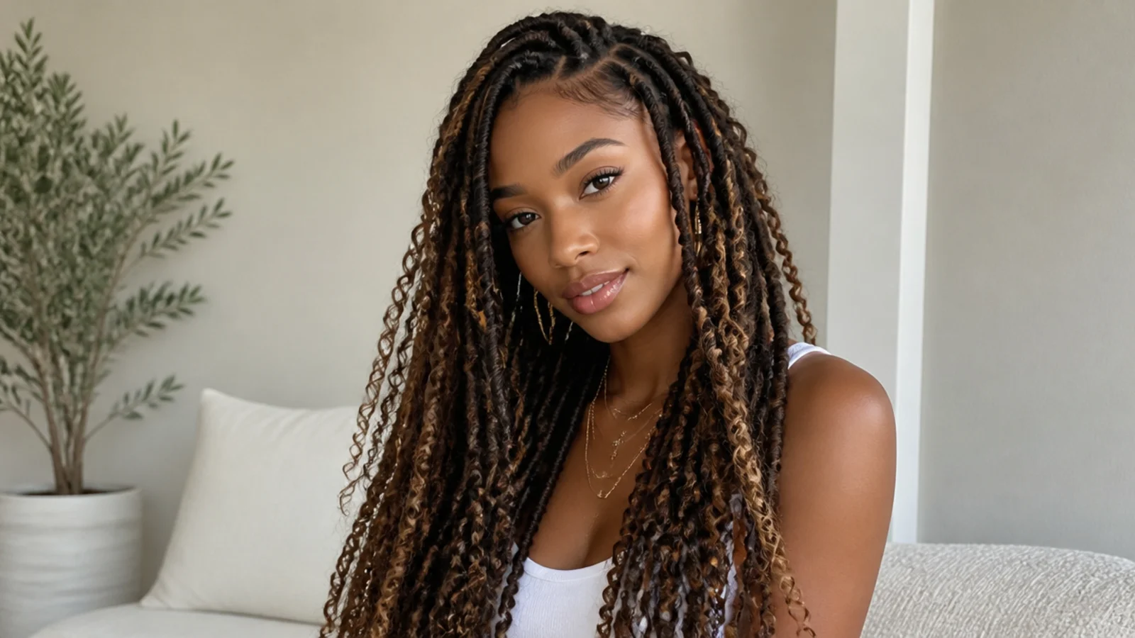 Long dark butterfly locs with caramel highlights