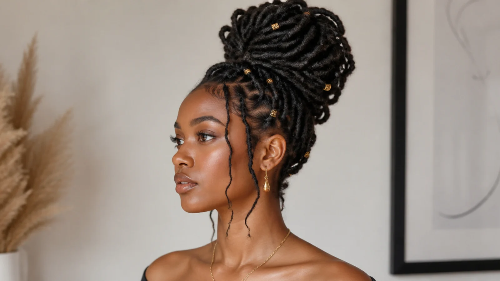Long butterfly locs gathered into an elegant crown updo