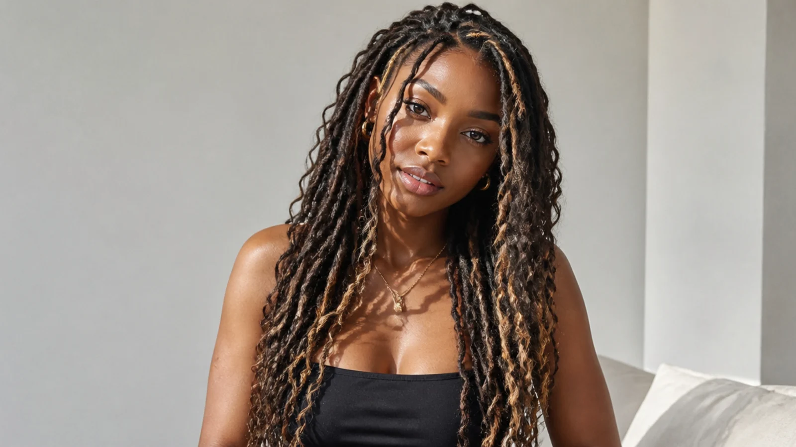 Long butterfly locs with lighter face-framing pieces