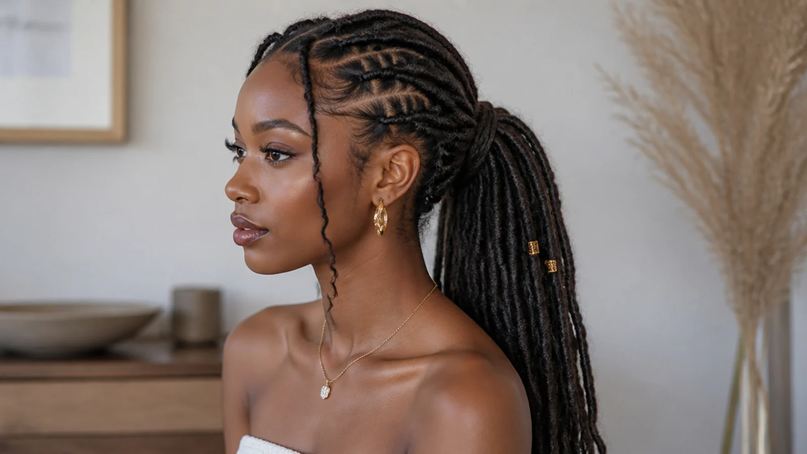 Long butterfly locs in a sleek low ponytail