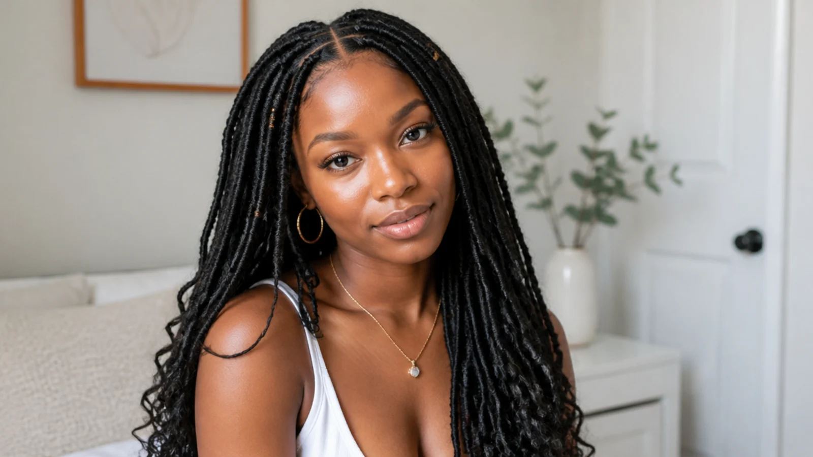 Long butterfly locs with a clean middle part