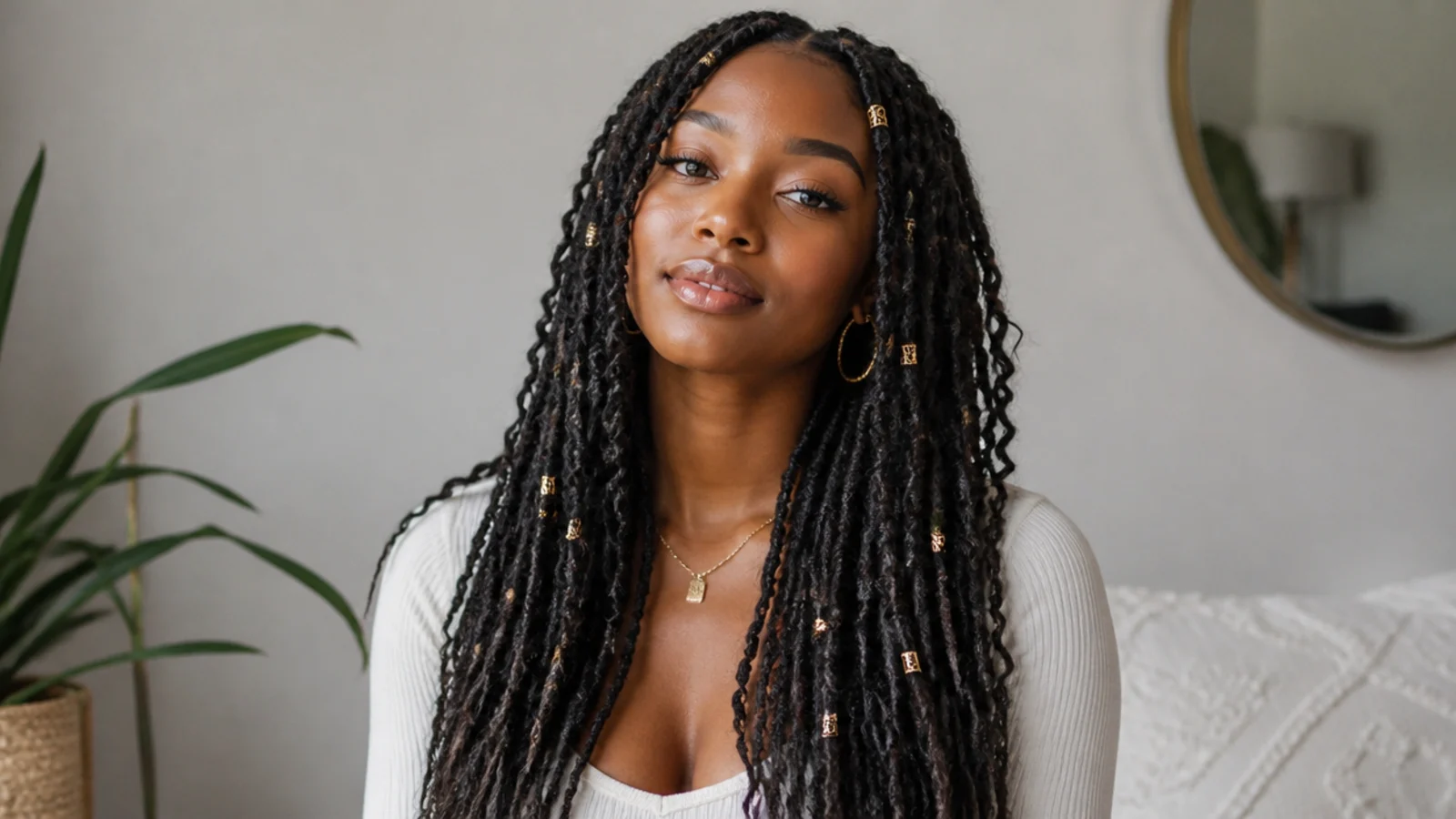 Long butterfly locs with gold cuffs and beads