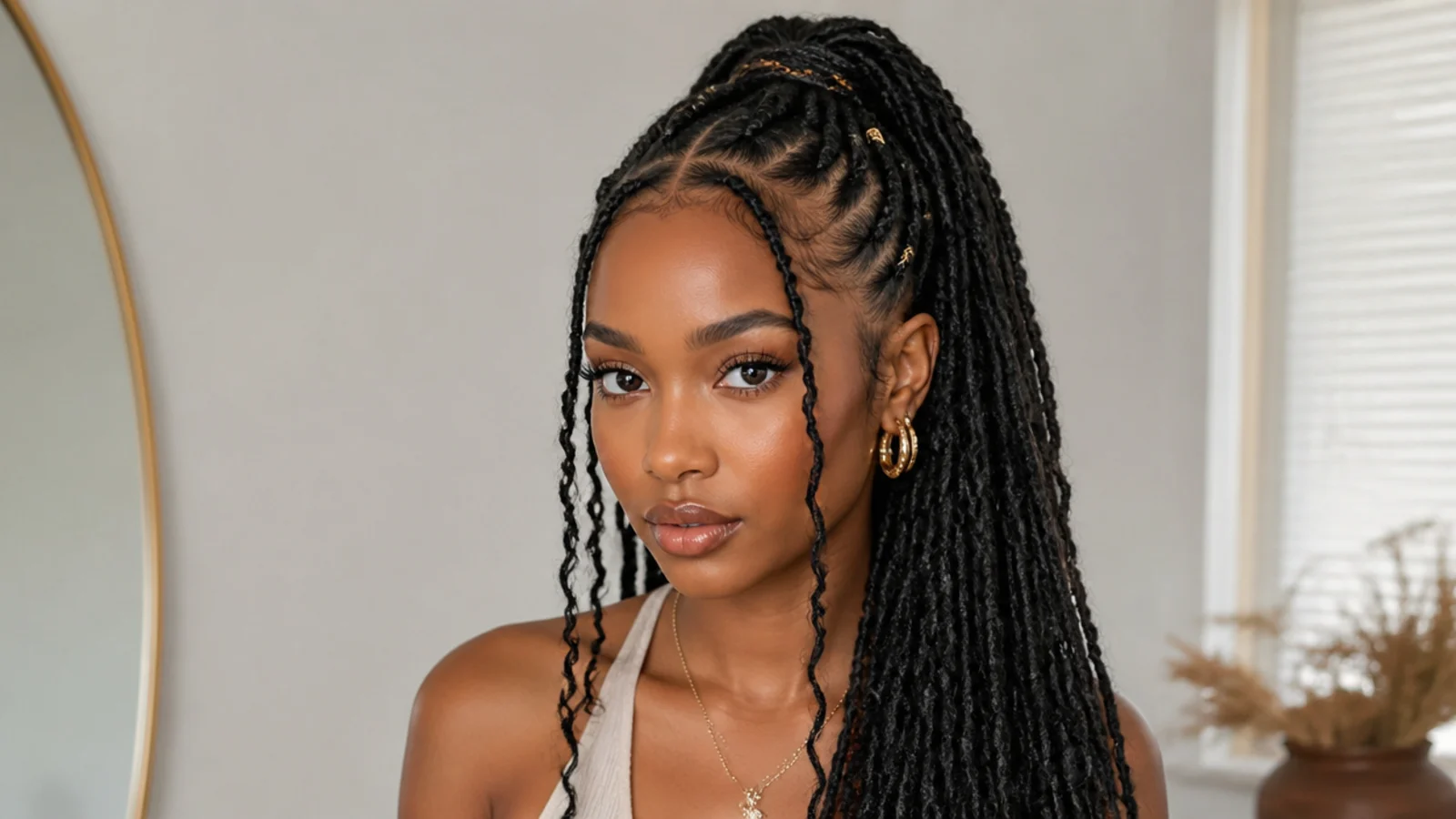 Long butterfly locs with the crown braided back