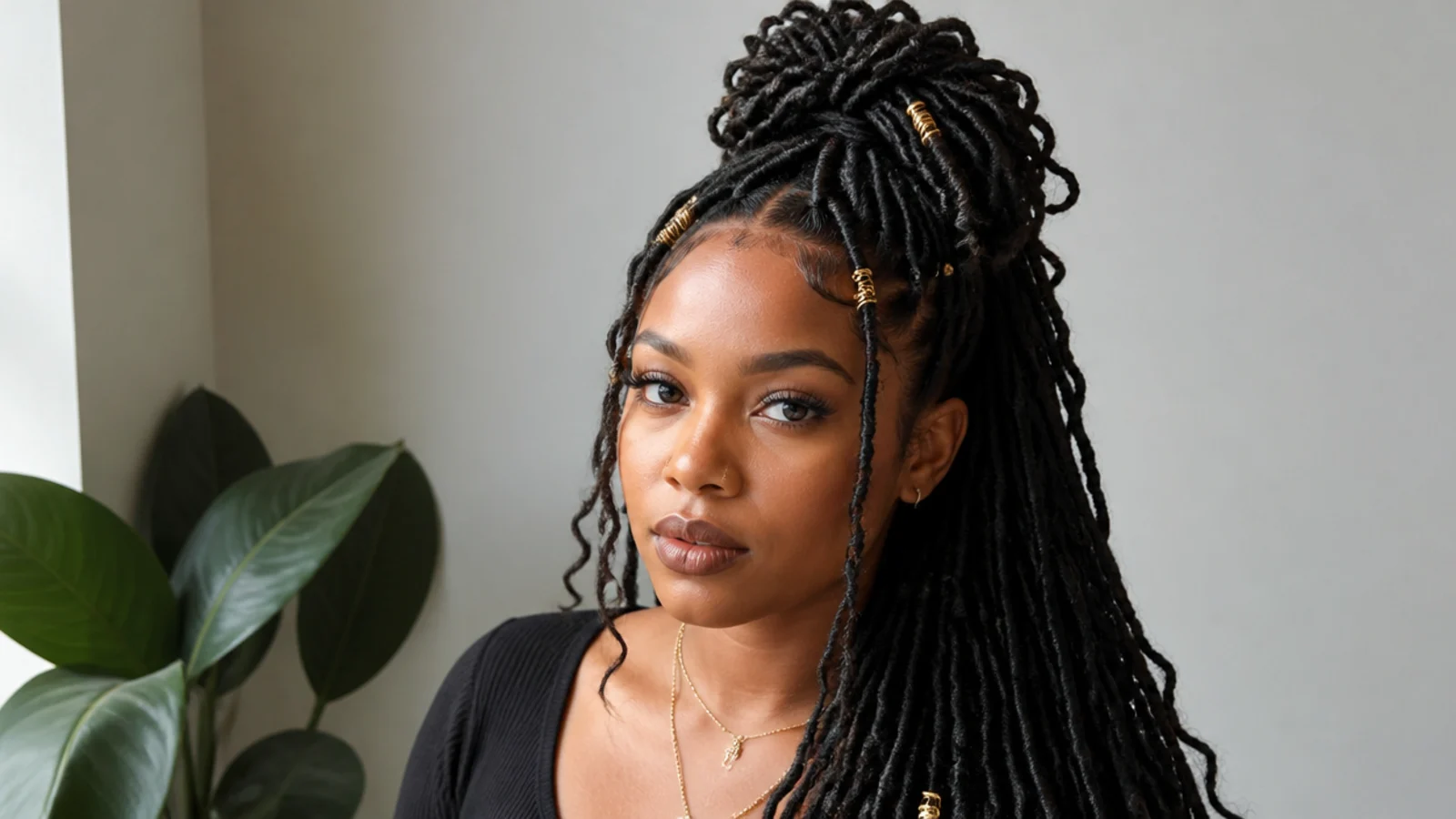 Long butterfly locs styled in a high ponytail and updo