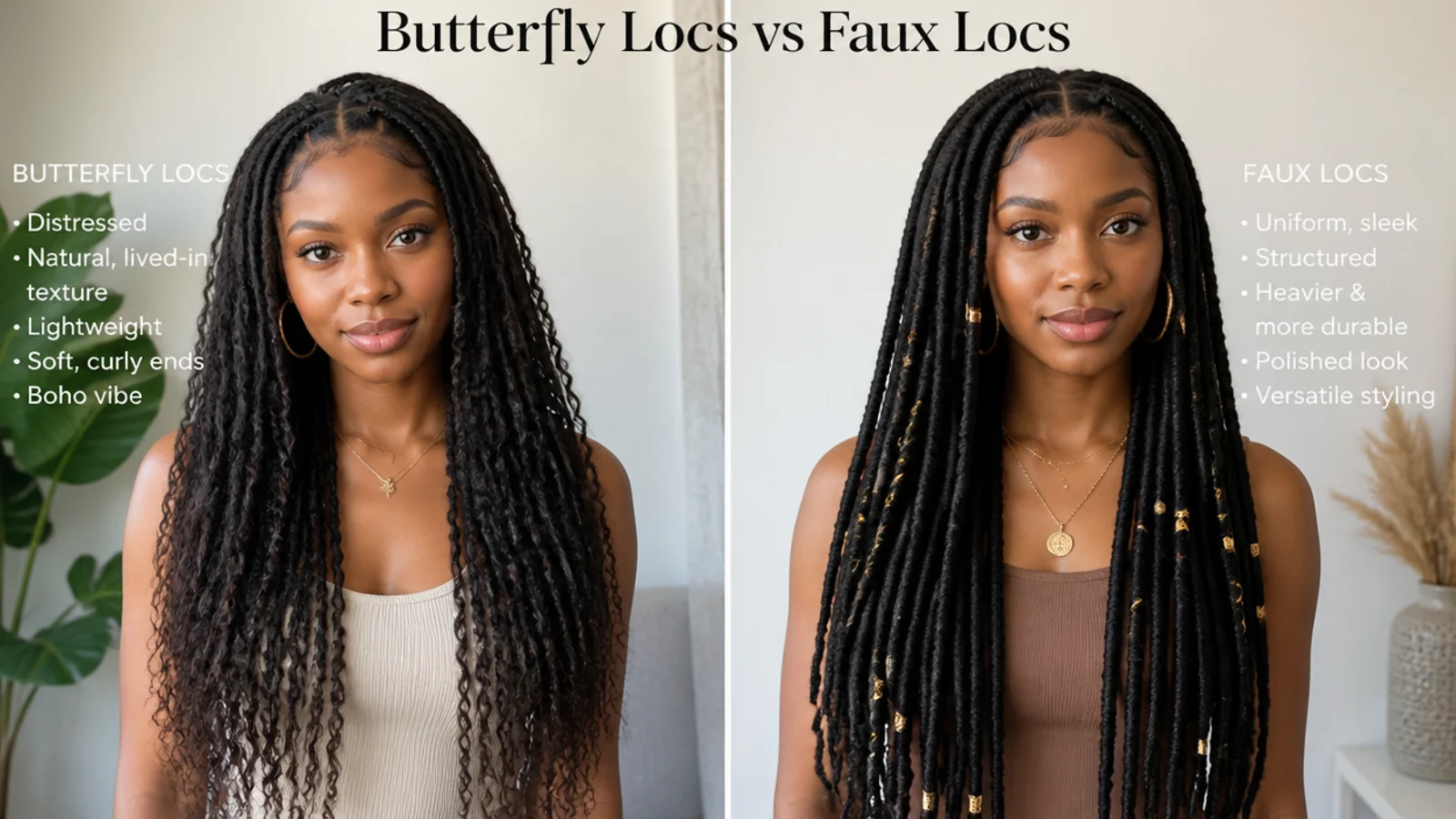 Butterfly locs vs faux locs comparison, vertical Pinterest style