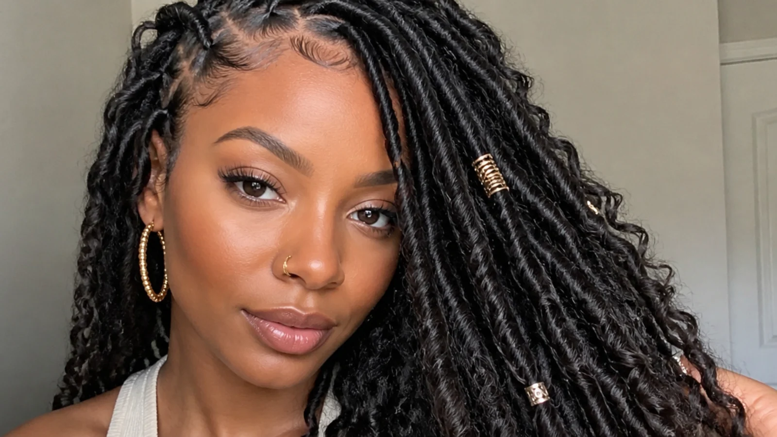 Close-up of soft, looped, distressed butterfly locs