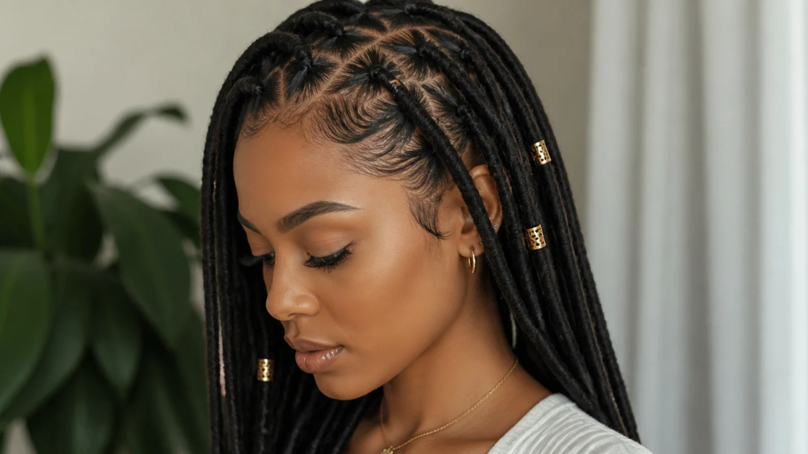 Close-up of smooth, uniform, defined faux locs