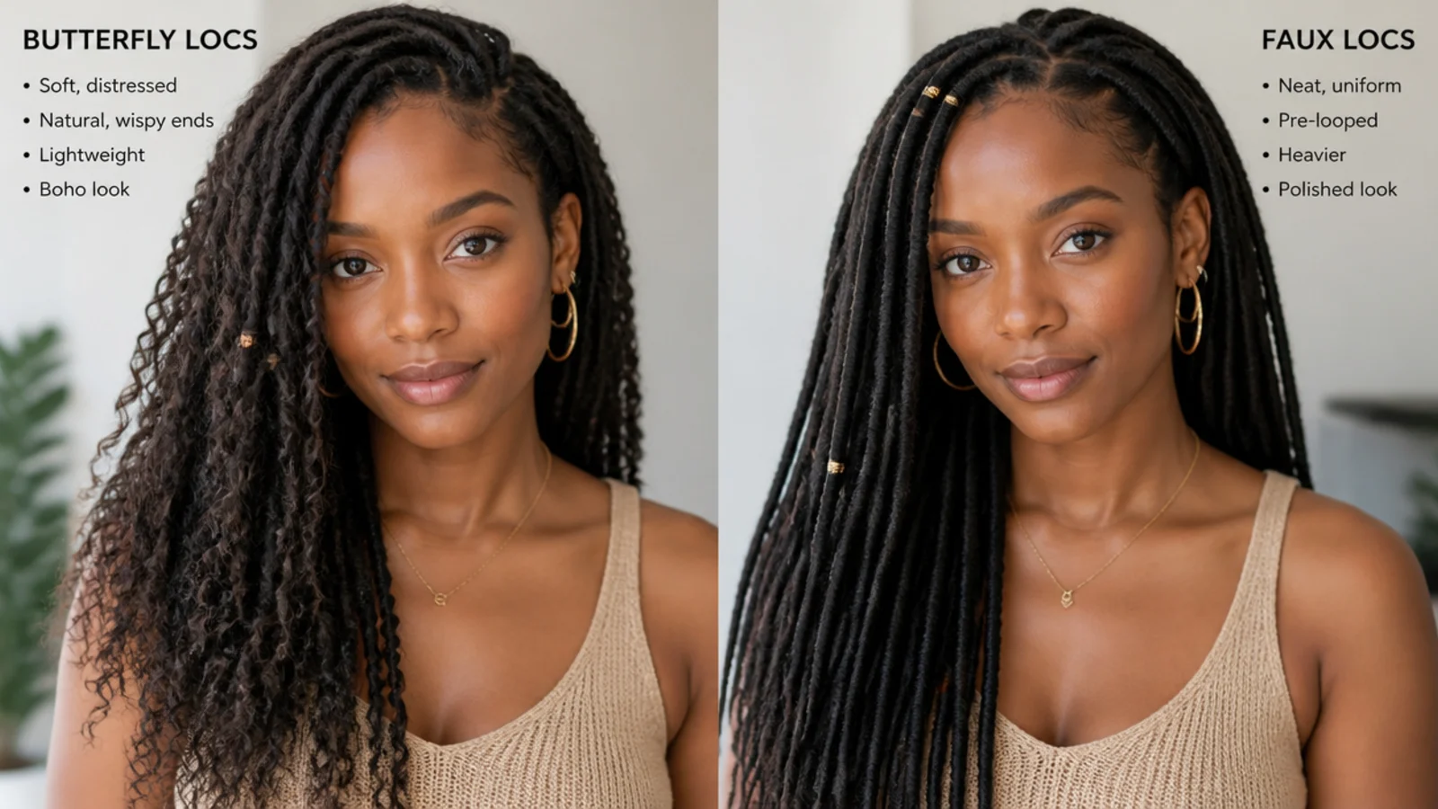 Butterfly locs and faux locs side by side for comparison