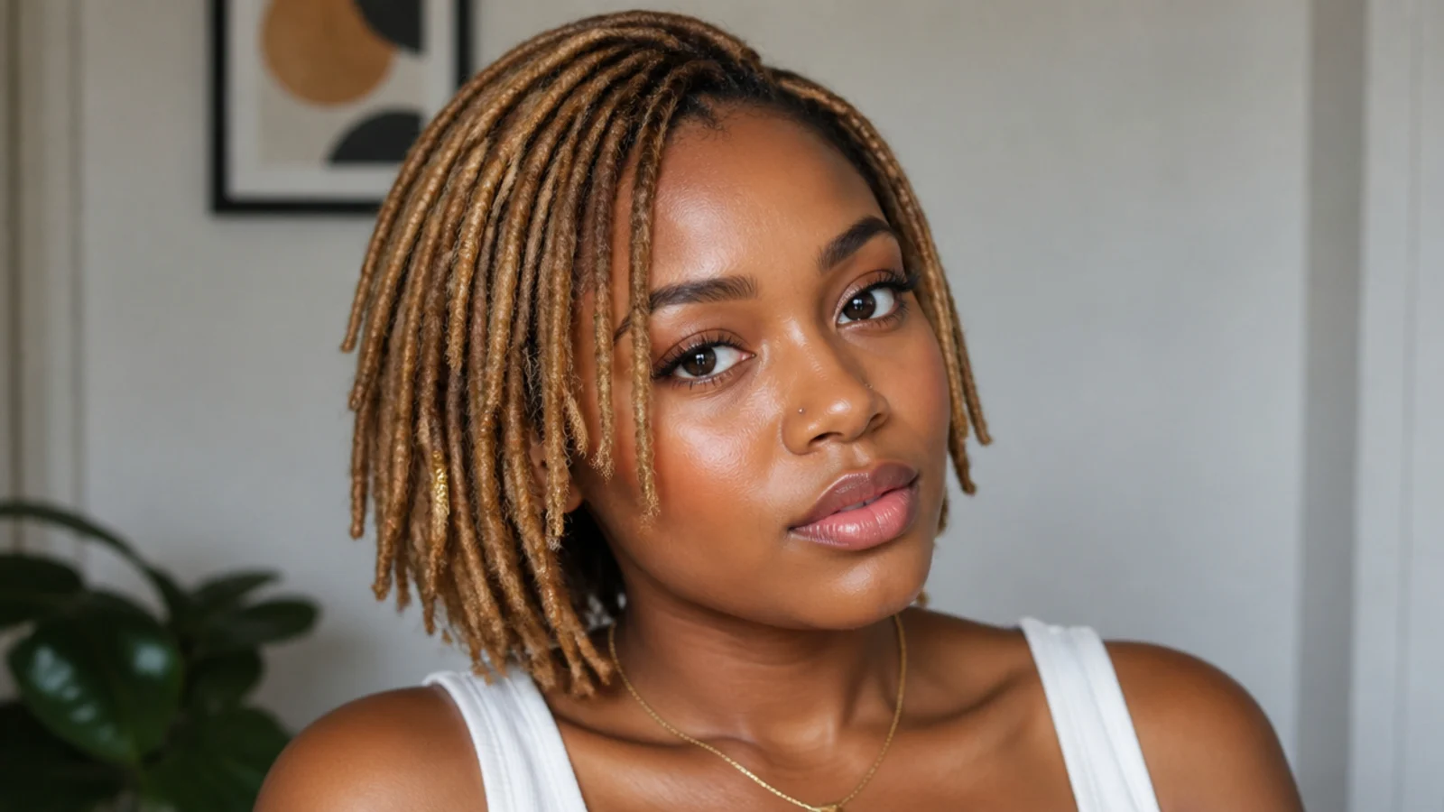 Honey blonde short butterfly locs bob