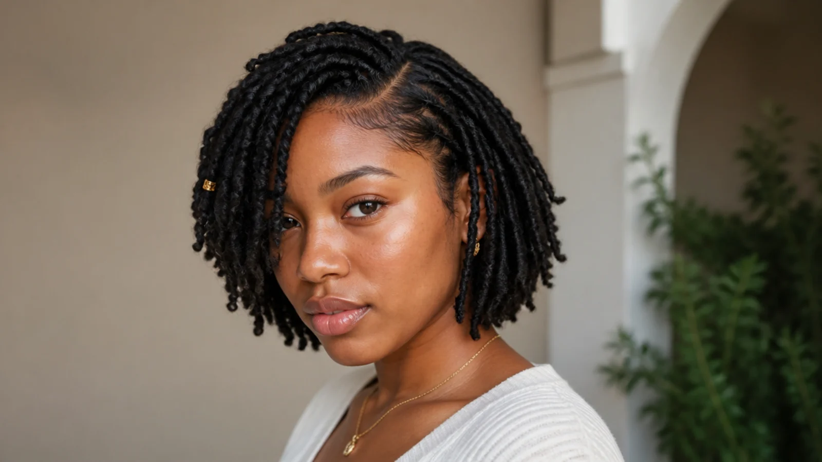 Short butterfly locs bob with a deep side part