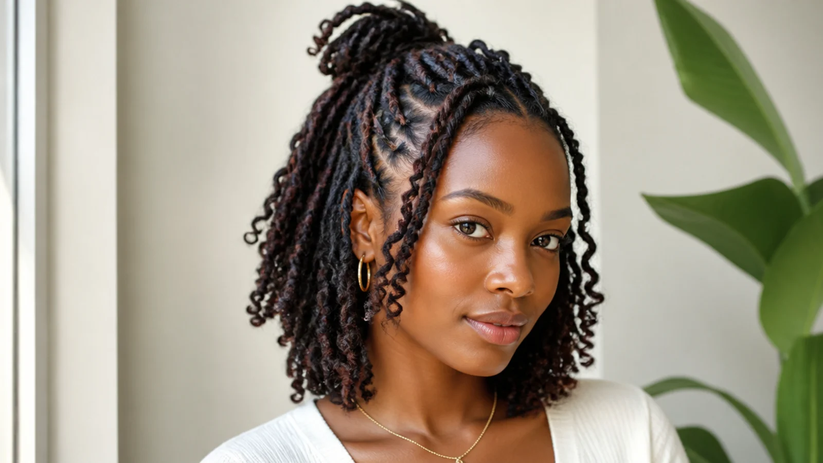 Short butterfly locs in a half-up style