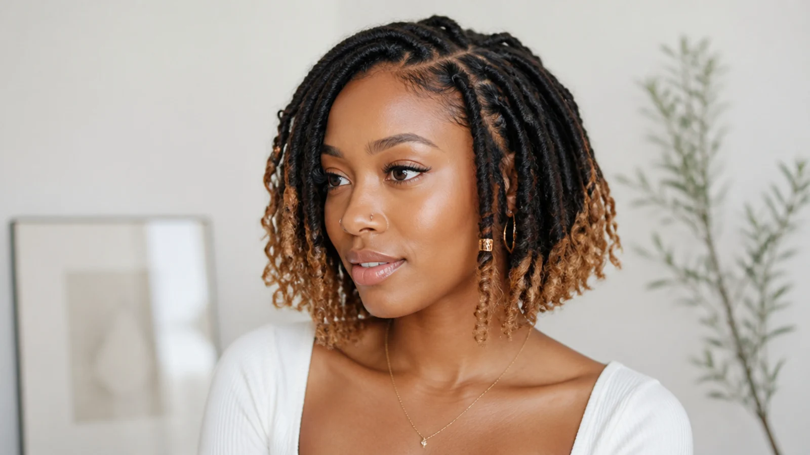Short butterfly locs bob with an ombre fade