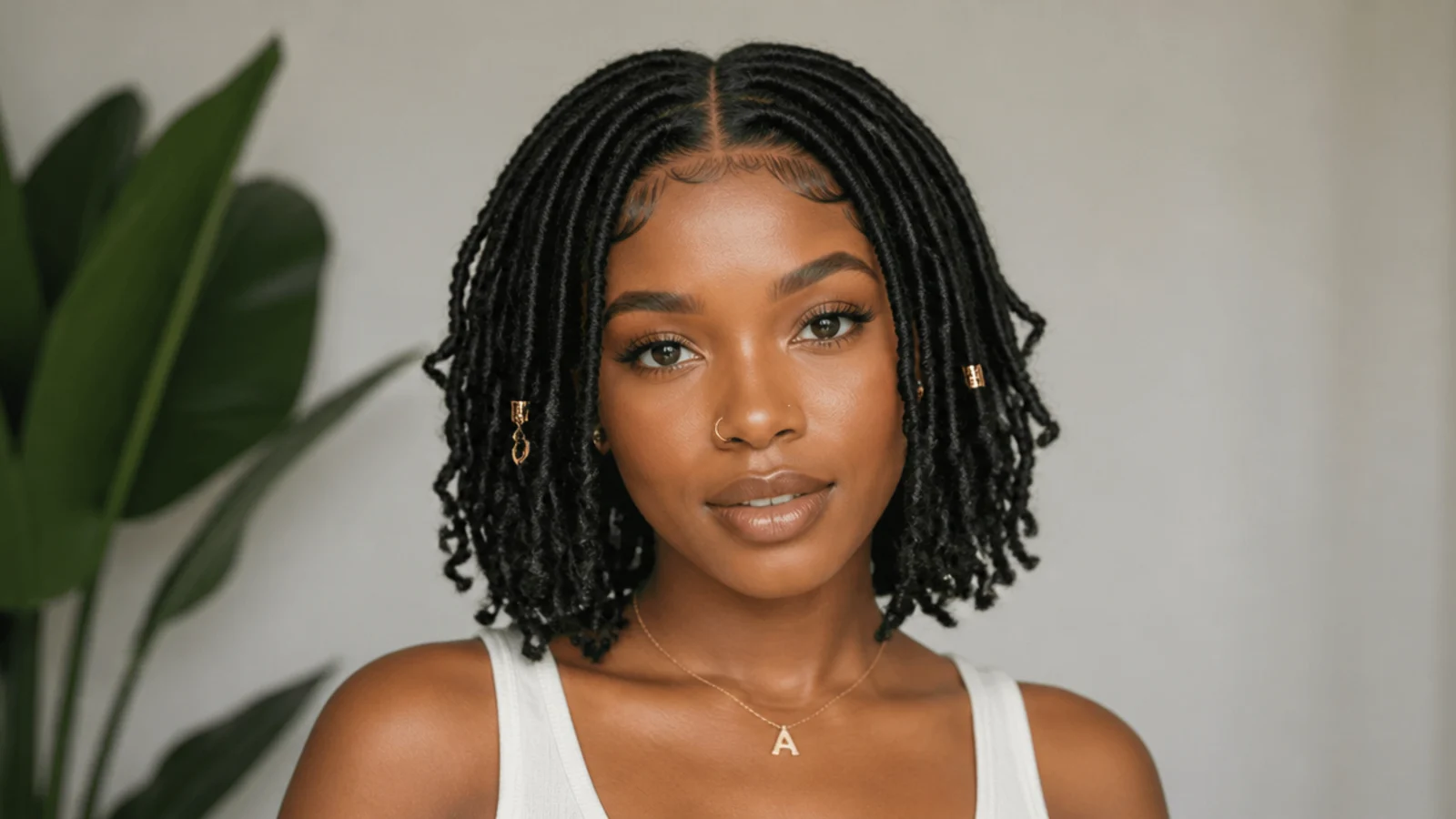Short butterfly locs with a clean middle part