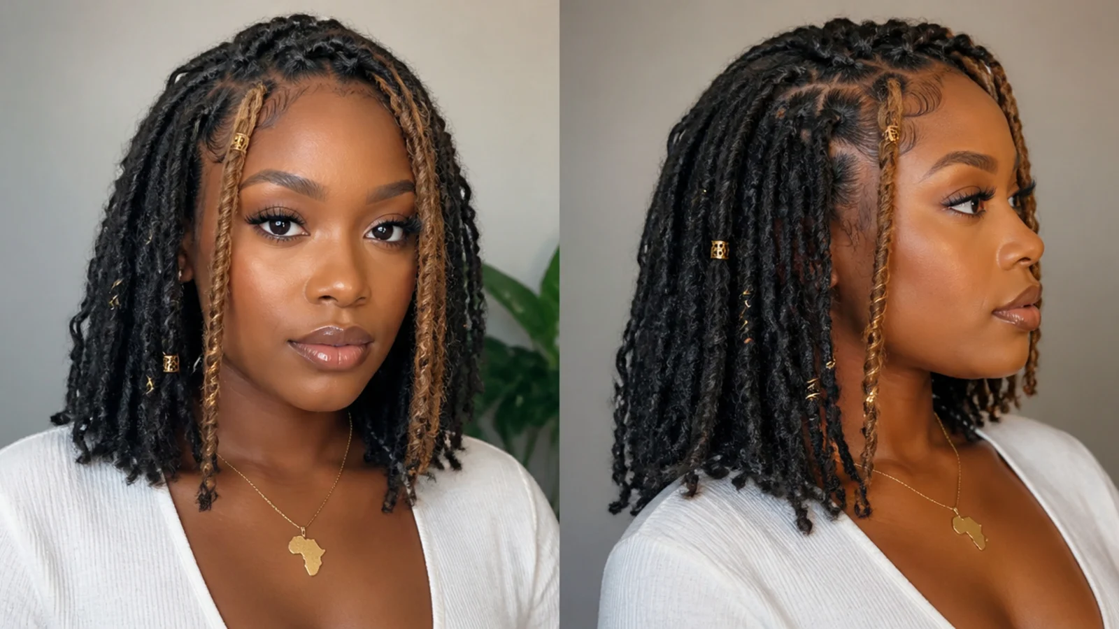 Short butterfly locs with lighter face-framing pieces