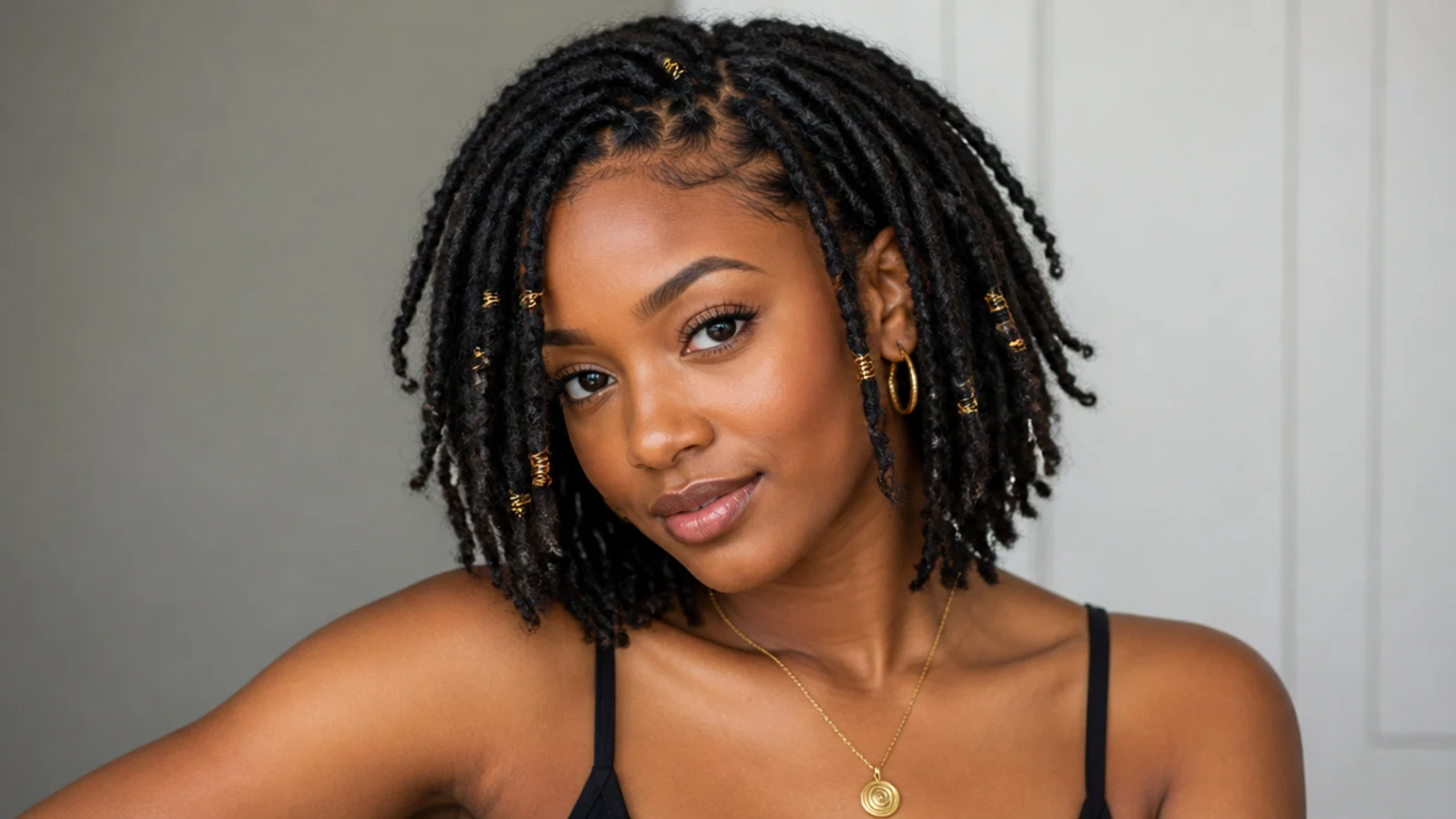 Short butterfly locs with gold cuffs and beads