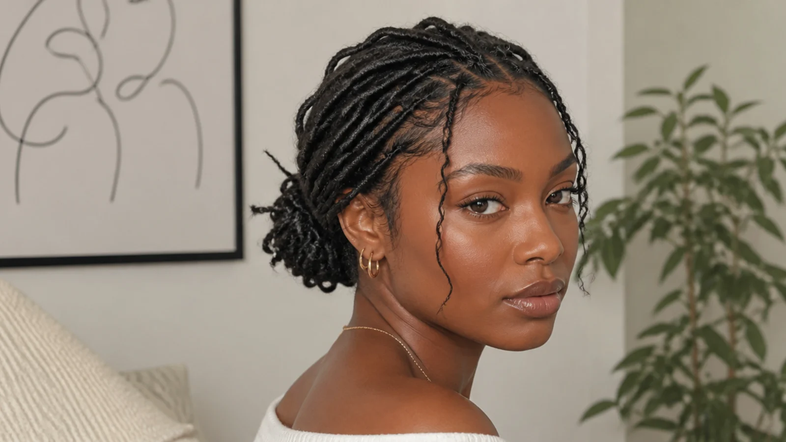 Short butterfly locs in a small low bun