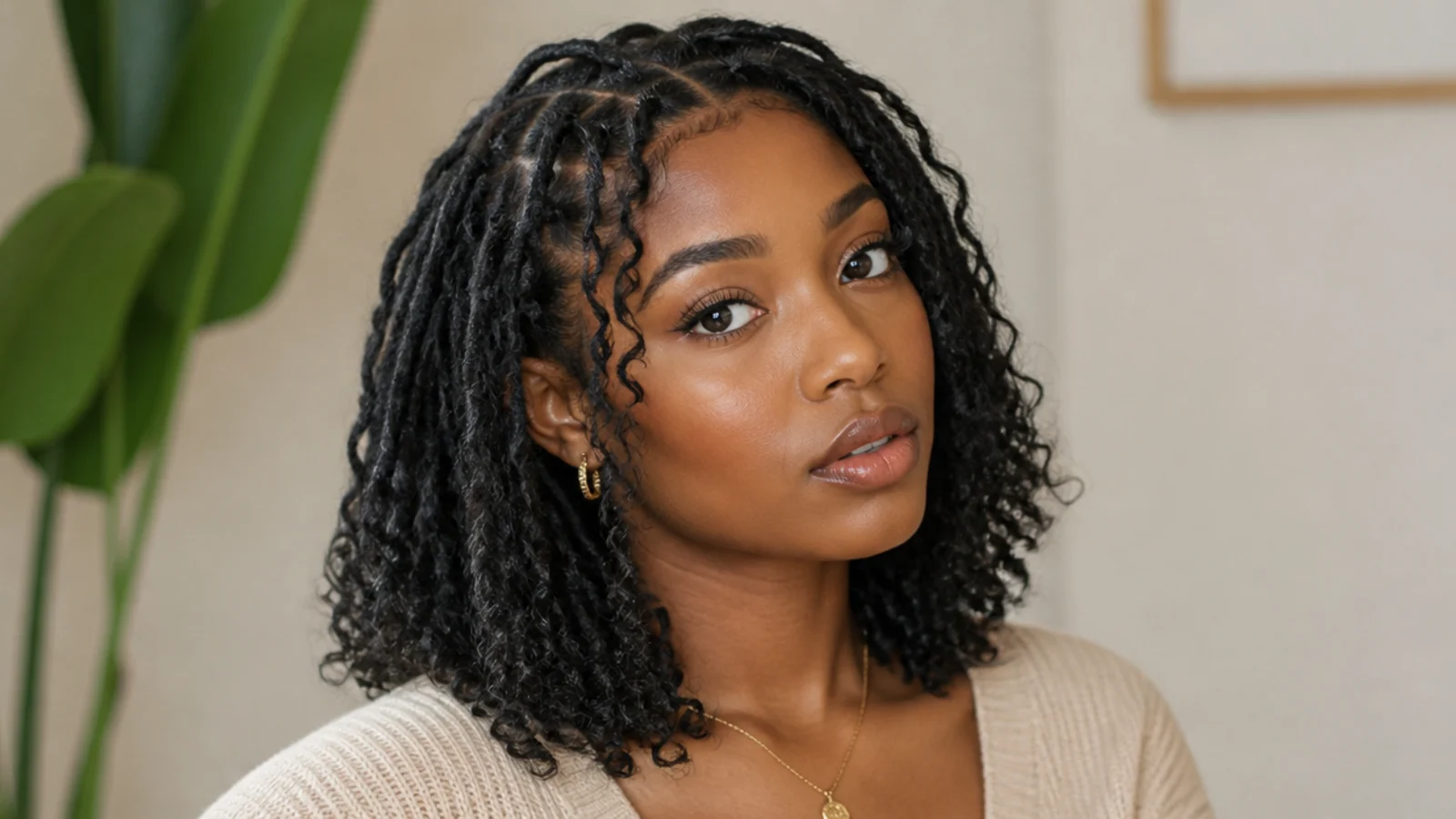 Short butterfly locs with soft curly ends left out