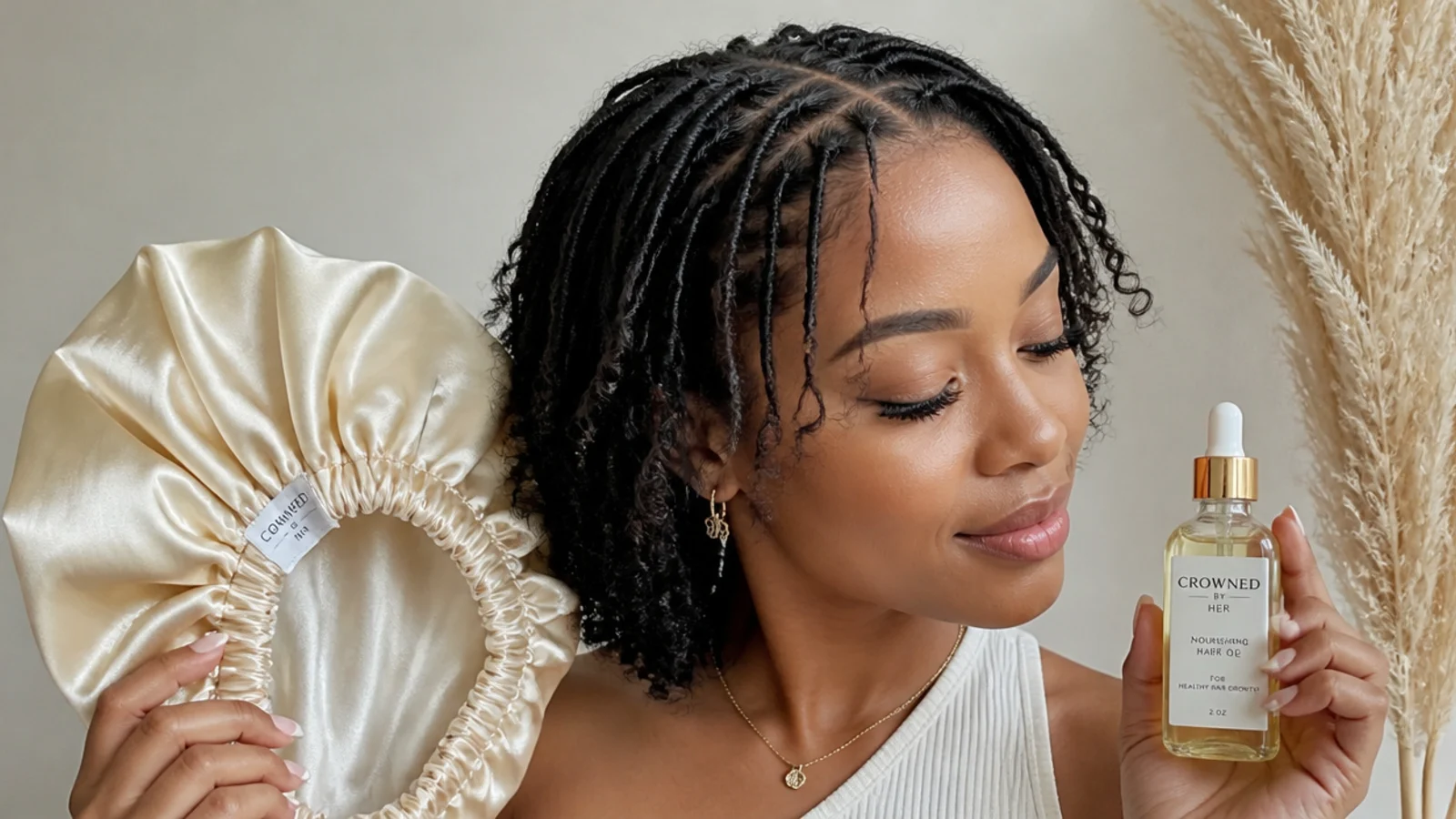 Satin bonnet and light oil for short butterfly locs care