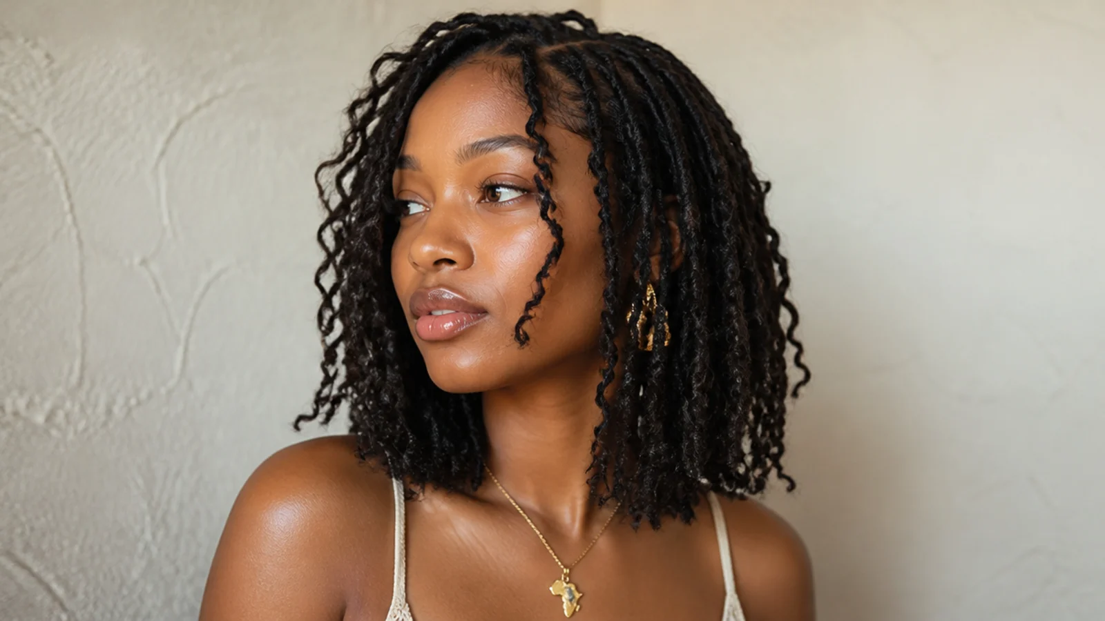 Short shoulder-length butterfly locs with a boho texture