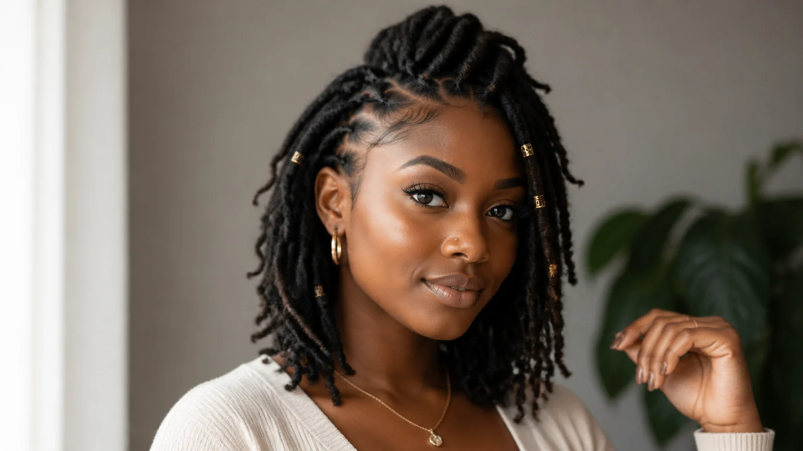 Short butterfly locs styled in a half-up look and side part