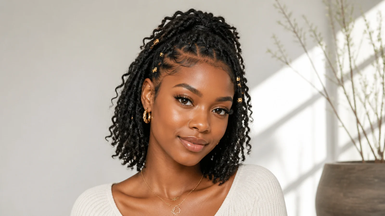 Lightweight short butterfly locs styled off the face