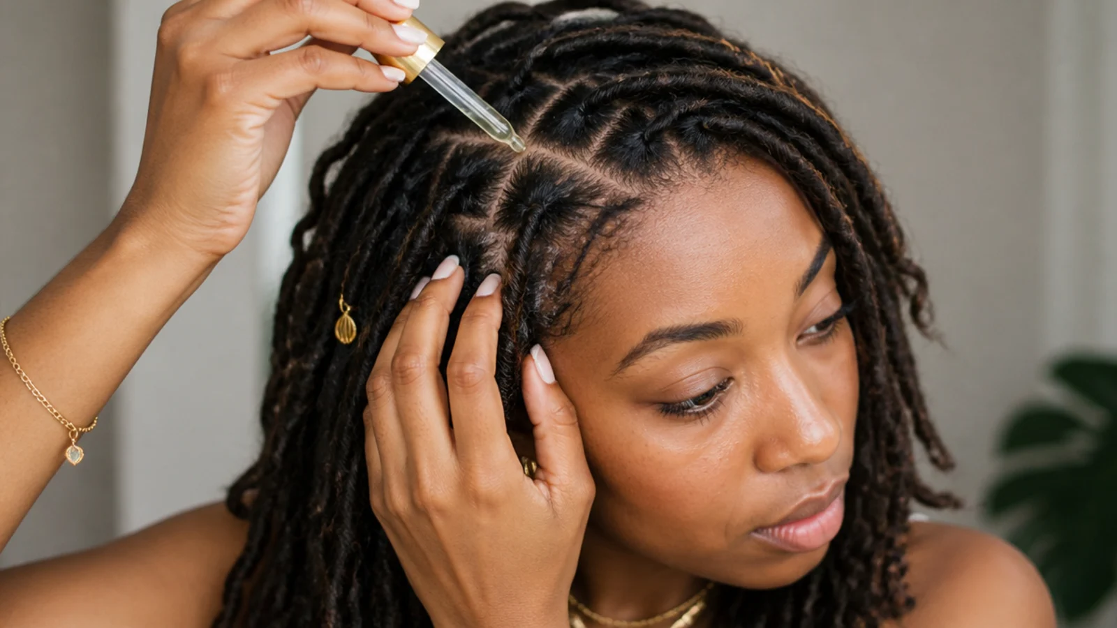 Applying light oil to the scalp between butterfly locs