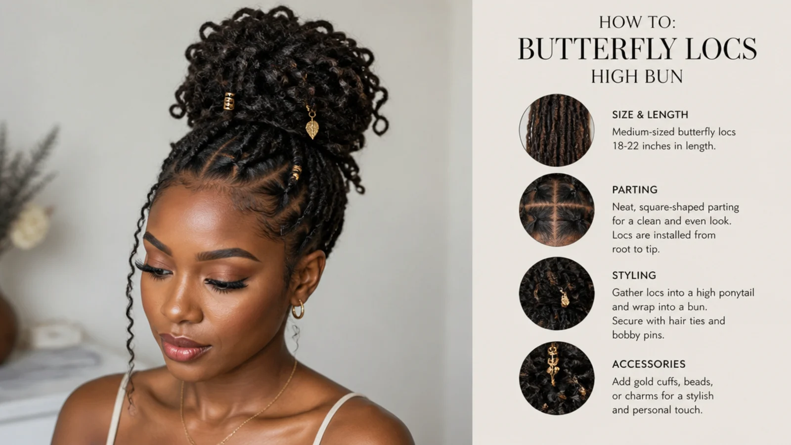 Butterfly locs gathered into a high bun
