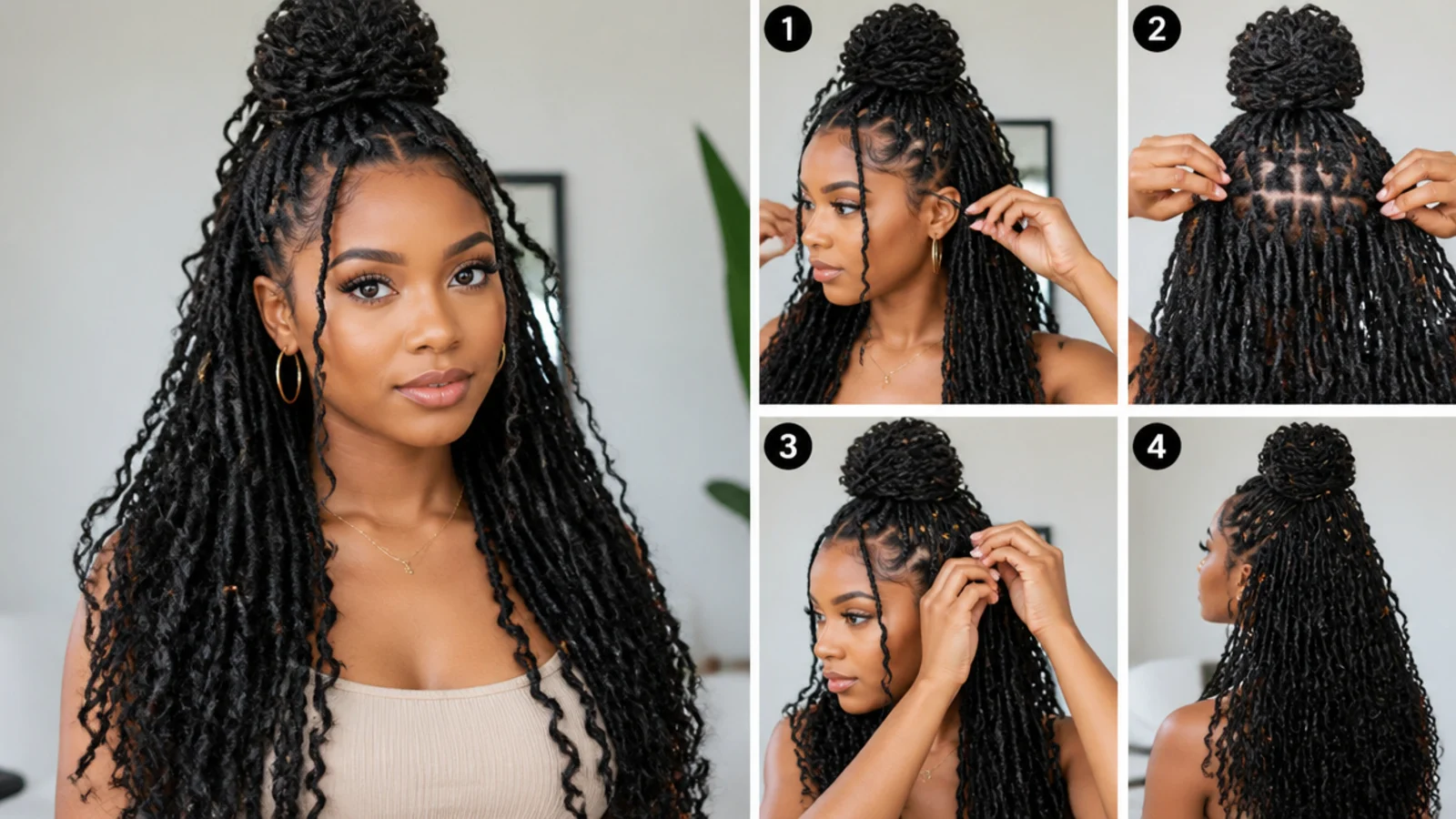Butterfly locs in a half-up bun with the rest flowing