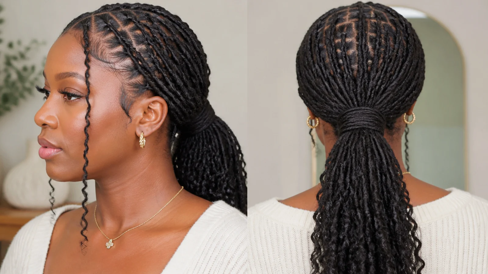 Butterfly locs gathered into a sleek low ponytail