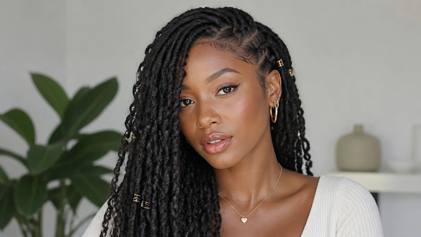 Butterfly locs worn down with a deep side part