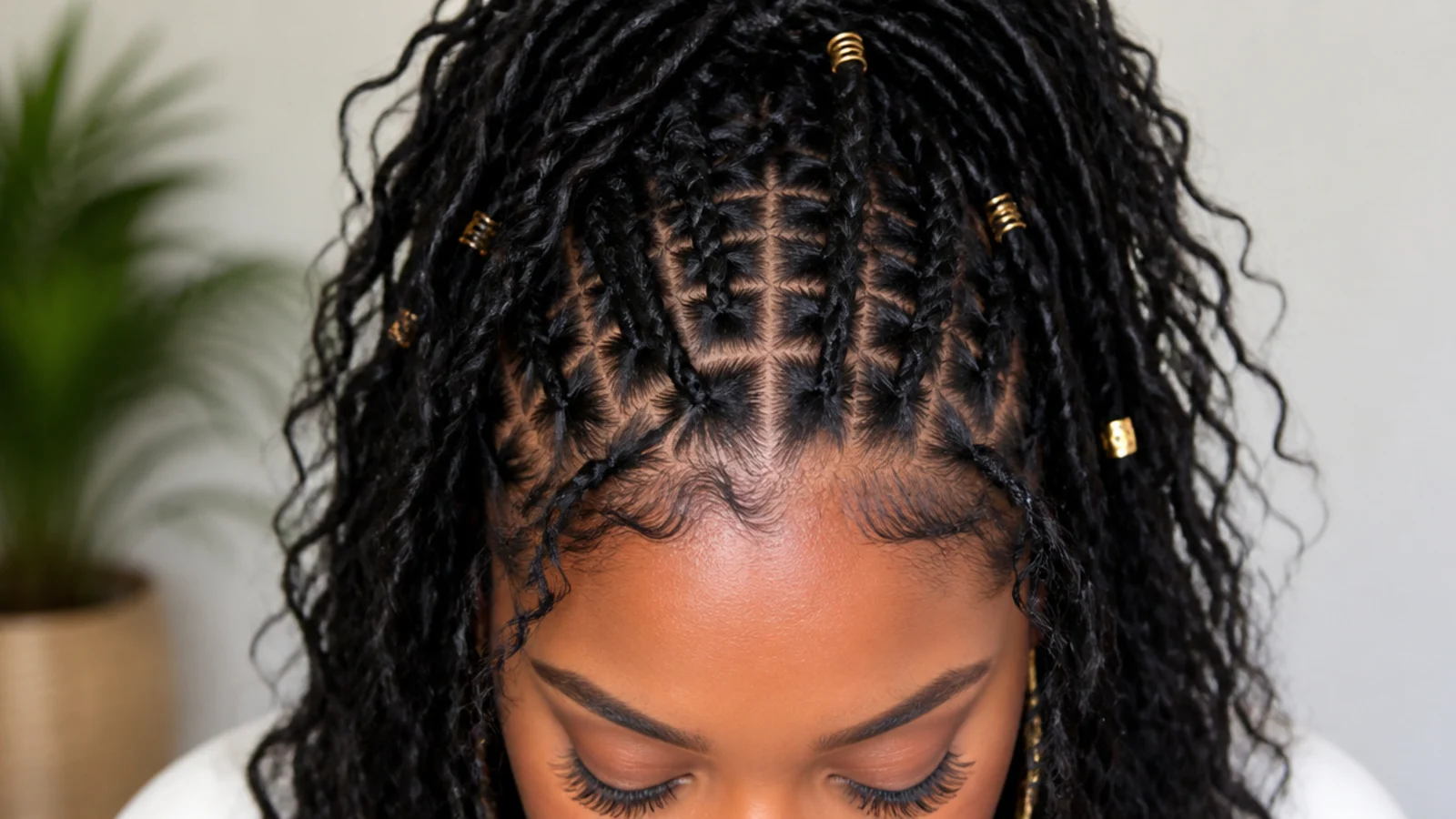 The crown section of butterfly locs braided back