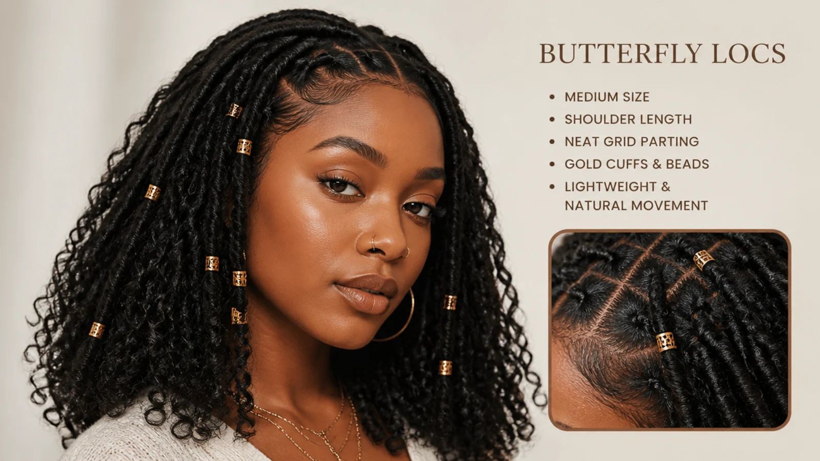 Butterfly locs styled with gold cuffs and beads