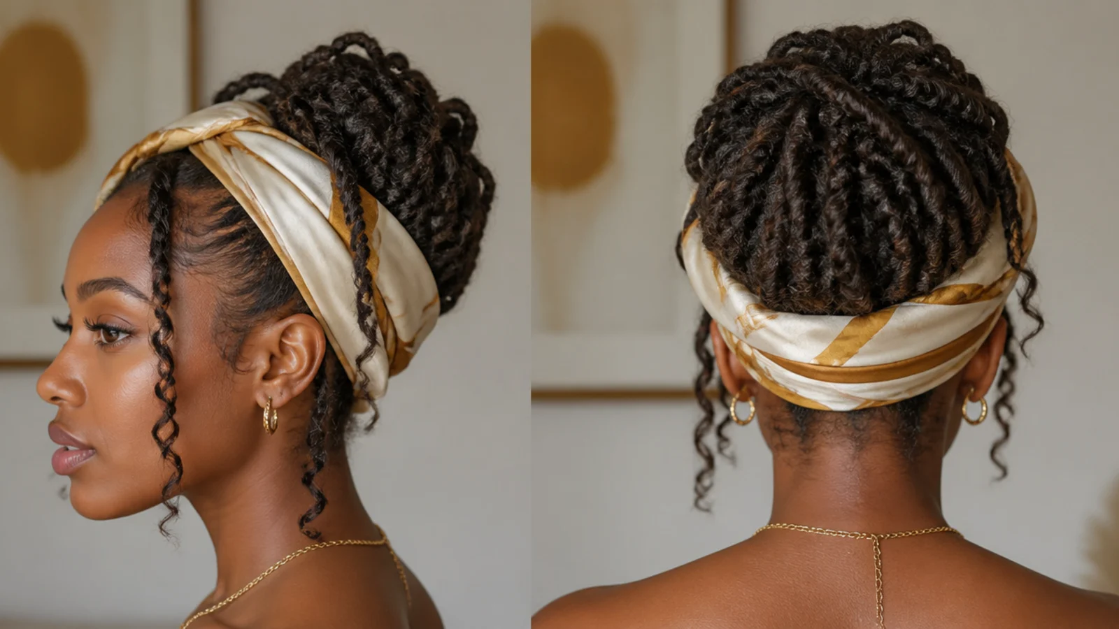 Butterfly locs loosely gathered and wrapped in a satin scarf