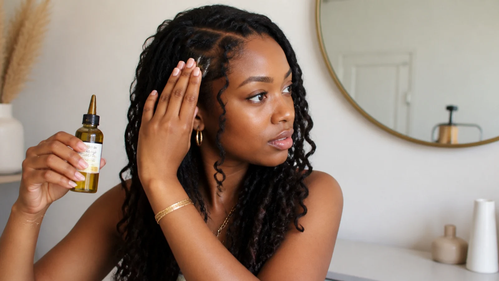 Smoothing frizz on butterfly locs with a little oil