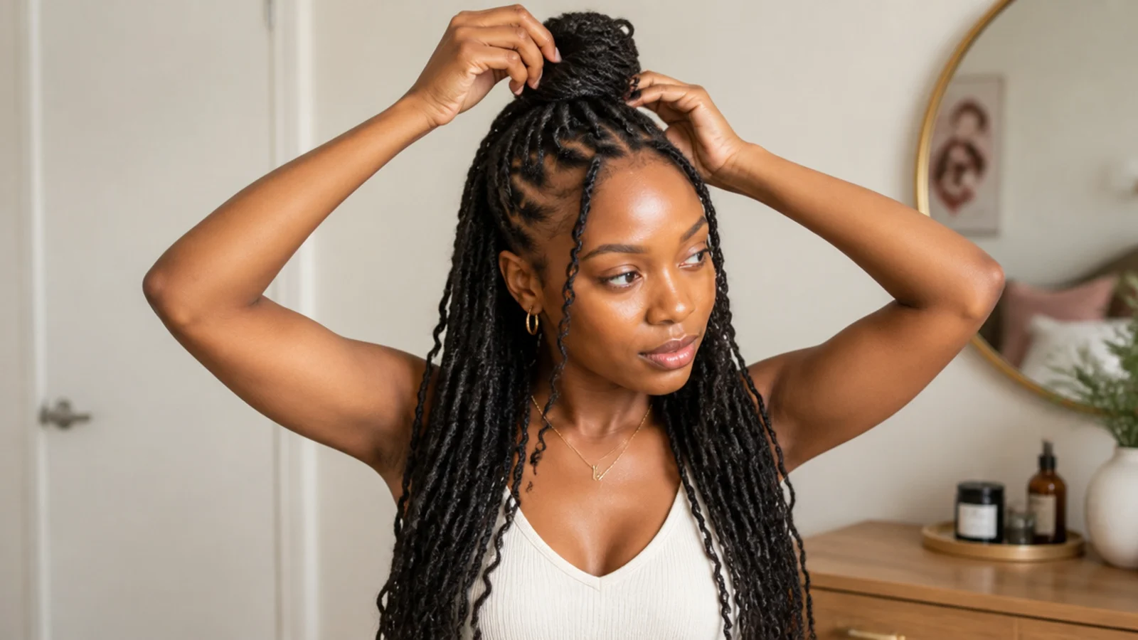 Butterfly locs being styled into a half-up bun at home