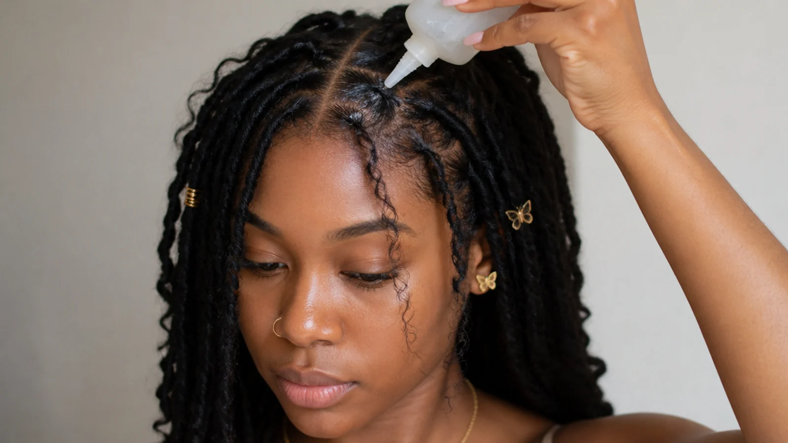 Diluted cleanser being applied to the scalp of butterfly locs
