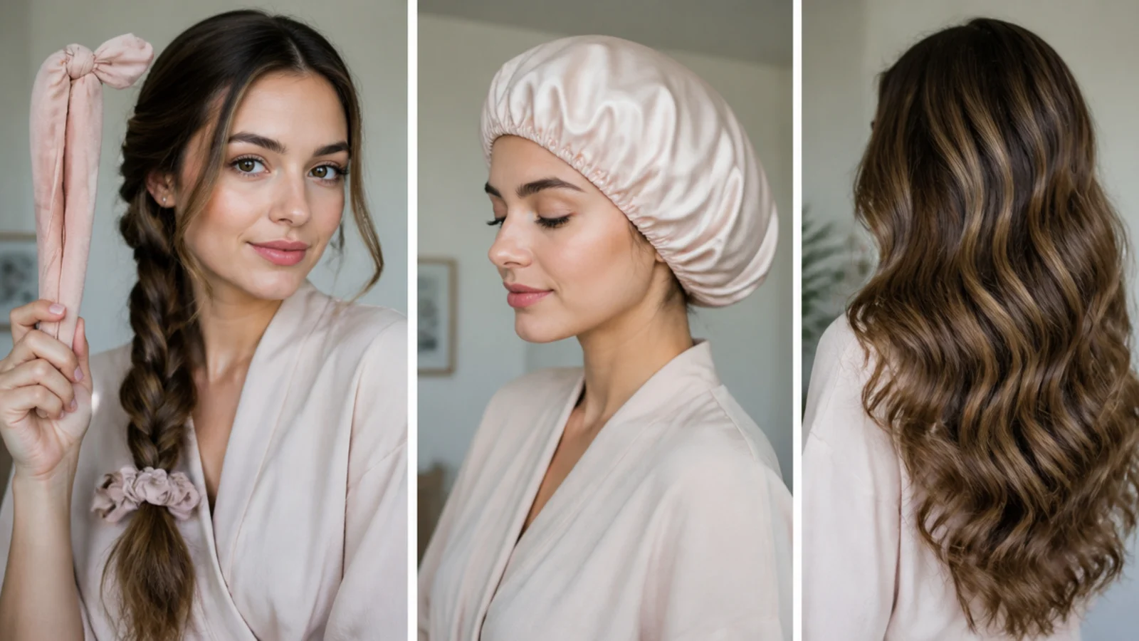 A satin bonnet over wrapped hair overnight