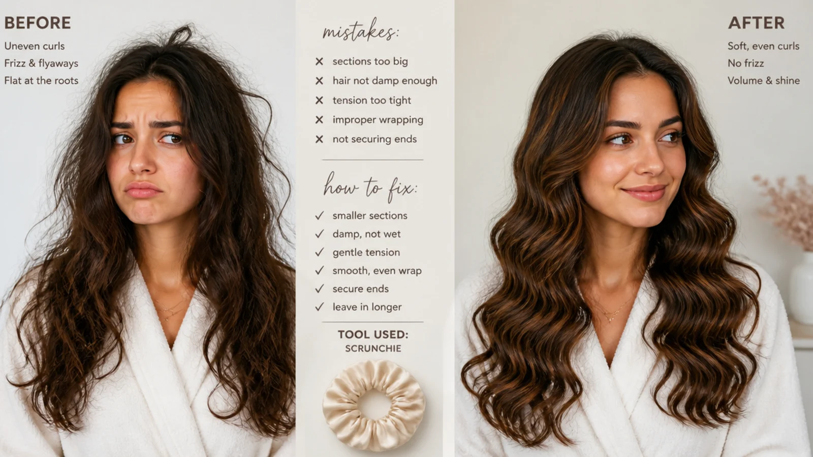 Before and after of fixed heatless curl mistakes