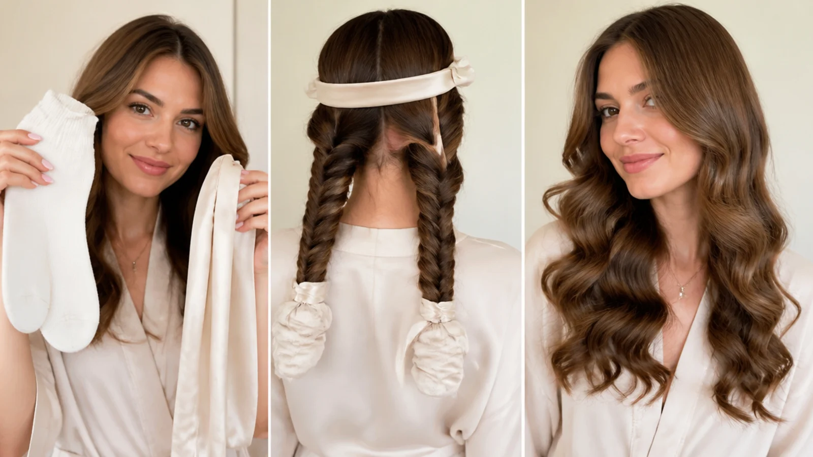 Hair wrapped around socks for overnight curls