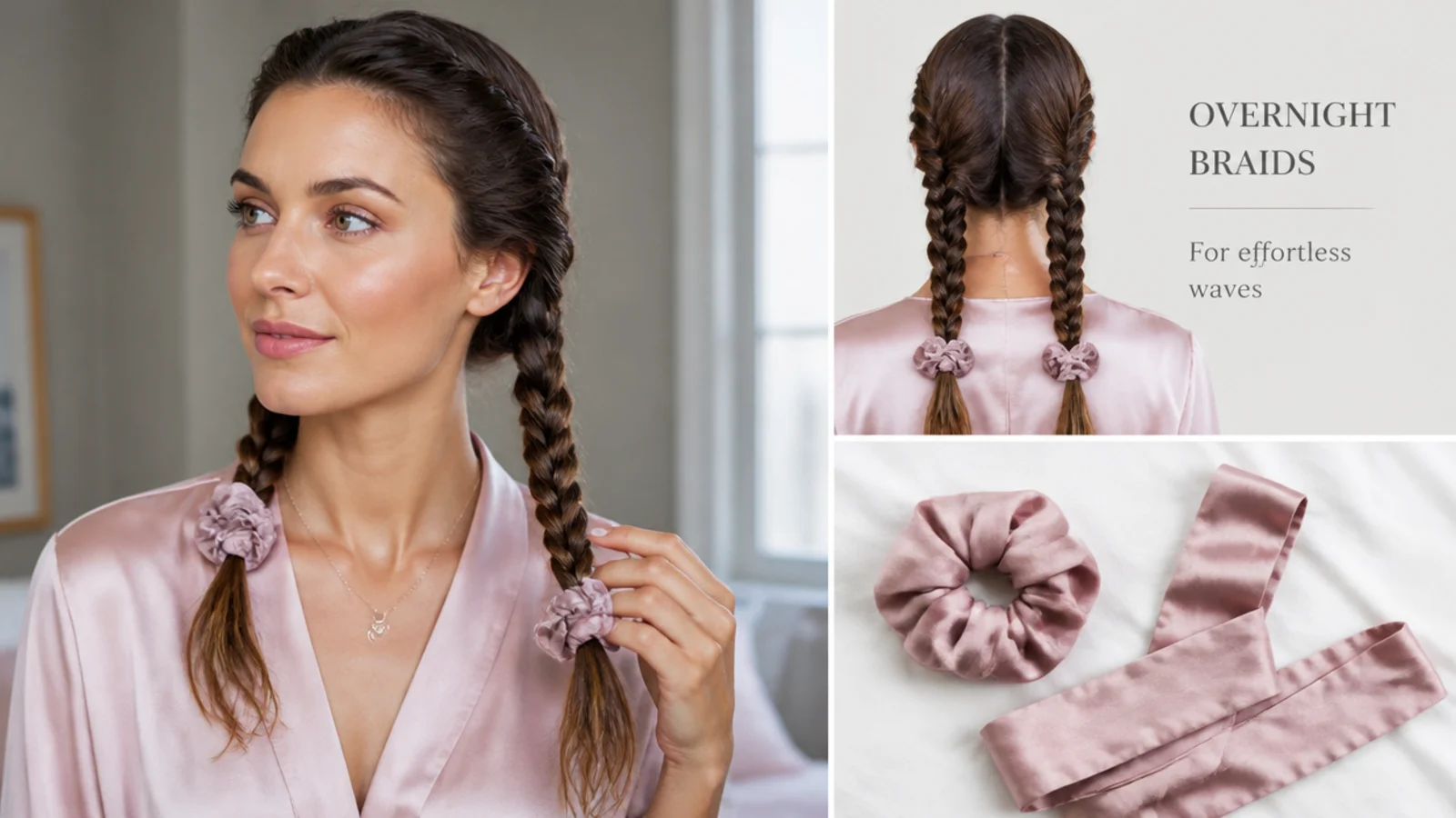 Damp hair in french braids for overnight waves