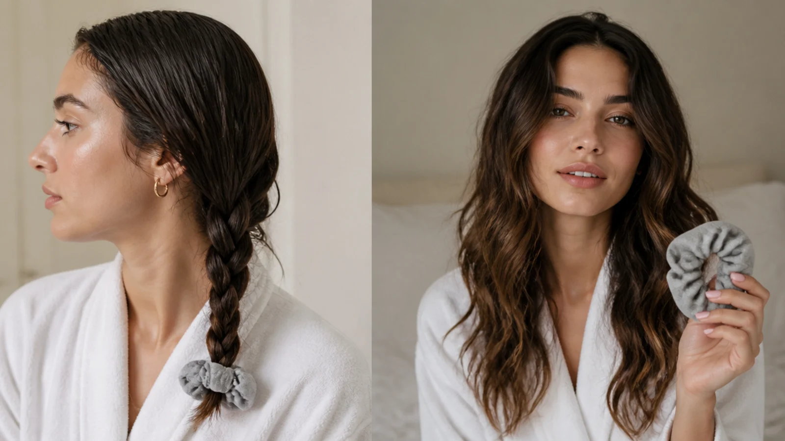 Damp hair in a single loose braid for gentle waves
