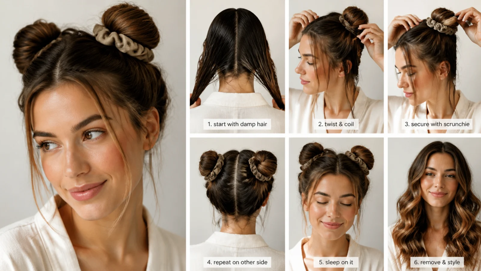 Damp hair in two high buns for overnight waves
