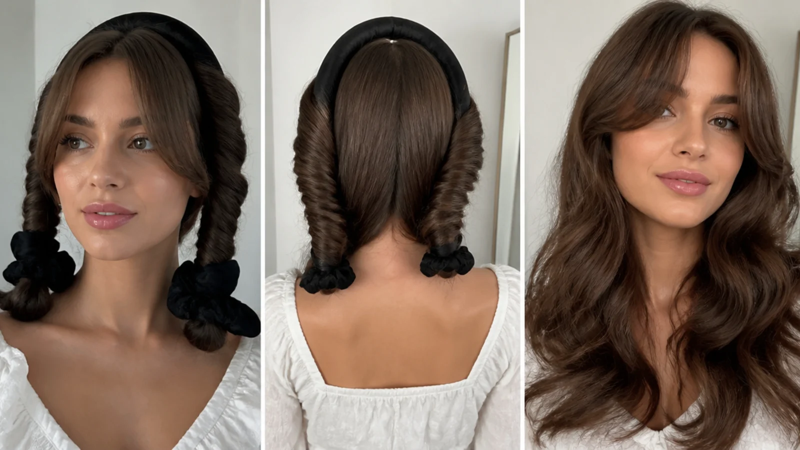 Curtain bangs wrapped for a heatless overnight wave