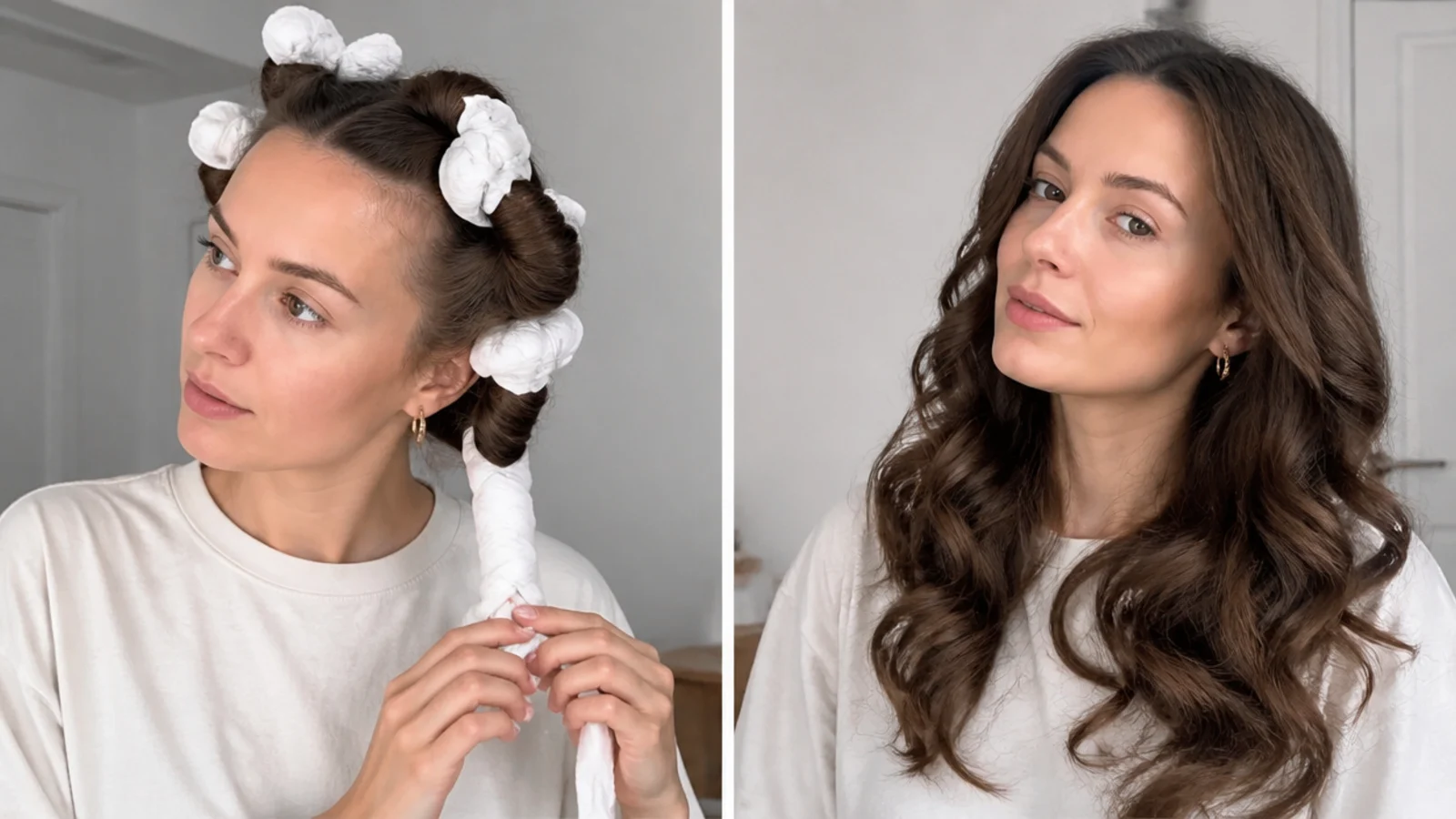 Hair wrapped around soft t-shirt strips for curls
